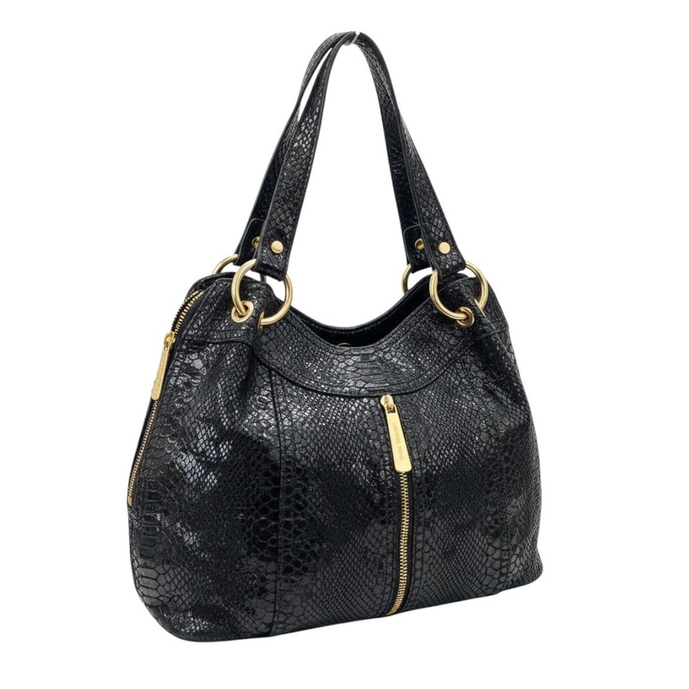 Michael Kors Shoulder Bag Women Medium Black Snakeskin Leather Hobo Gold Tone